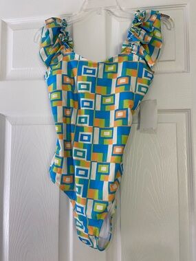 DAVI & DANI Blue, Green & Orange Geometric One-Piece Swimsuit